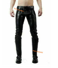 Pantalones de motociclista de cuero de cordero negros para hombre acolchados estilo retro de motocicleta