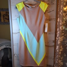 NUEVO CON ETIQUETAS MAGGY LONDON Vestido Para Mujer Talla 6 Diseño Geométrico Sin Mangas Manga Gorra