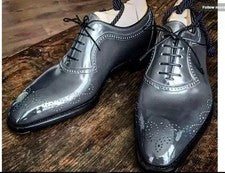 Zapato de vestir artesanal brogue con cordones gris cuero genuino para hombre elegante cómodo