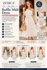 Vestido midi ZESICA para mujer con un hombro con volantes XL marfil beige lazo cintura nuevo con etiquetas