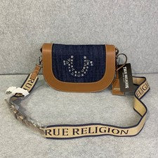 Bandolera True Religion Para Mujer Pequeña Azul Marrón Denim Tachonada Bolso Sillín Nuevo con Etiquetas