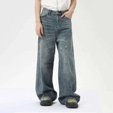 Pantalones de mezclilla para hombre Lavado Moda Jeans Sueltos Rectos Informales Pierna Ancha Pantalones