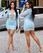 Sexy Vestido Para Mujer Plateado Estrás Malla Glamour Azul