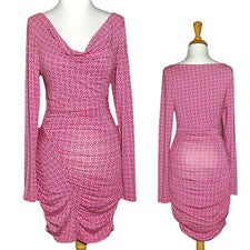 Vestido ceñido al cuerpo para mujer rosa manga larga capucha cuello fruncido elástico talla M