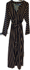 Maxi Vestido Helkas Moda Para Mujer Manga Larga Negro Amarillo Rayas Poliéster Cinturón