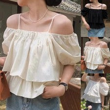 Elegante Camiseta Mujer Sin Hombros Manga Abullonada Perfecta para Moda Verano