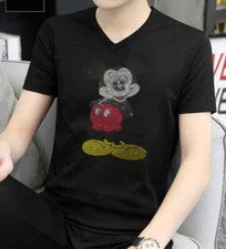 Nueva Camiseta Negra de Lujo para Hombres Moda Cuello en V Diamante Mickey Mouse Estrás