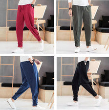 Pantalones de verano para hombre de algodón y lino estilo chino informales con cordón pantalones cónicos