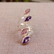Anillo de cuarzo rosa y amatista de plata 925 maciza hecho a mano anillo para mujer todas las tallas SR219