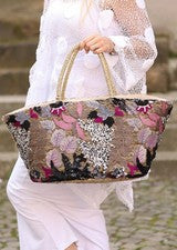 BOLSO DE CESTA Y LENTEJUELAS - BOLSO DE PLAYA - negro rosa