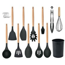 Juego de utensilios de cocina de silicona de 12 piezas con mango de madera,