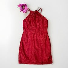 Charlotte Russe Woman’s Jrs. Vestido Rojo Semiformal Rojo Halter Encaje Talla M Nuevo con Etiquetas