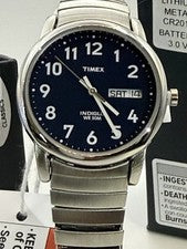 NUEVO Reloj Timex T20031 Easy Reader esfera azul, correa de expansión plateada, fecha del día.