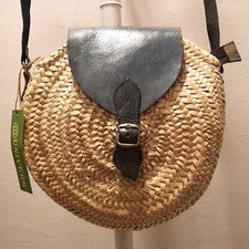 Bolso de rafia y cuero auténtico hecho a mano moda mujer natural color azul