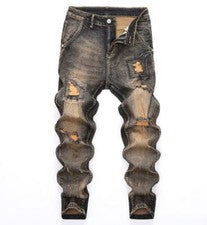 Pantalones de mezclilla retro para hombre Pantalones de mezclilla rasgados Pierna recta Punk Hip Hop informales