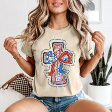 Camiseta patriótica God Bless America Cross para mujer estilo bandera americana