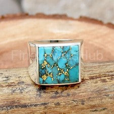 Anillo Turquesa Cobre, Anillo de Plata de Ley 925, Anillo Boho Hecho a Mano para Hombre