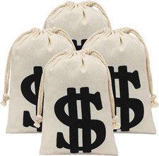 Paquete de 4 bolsas de dinero naturales de lona con cierre de cordón para favor de fiesta