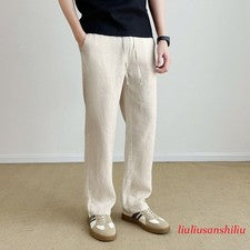 Pantalones largos estilo retro para hombre 100 % lino con cordón pantalones rectos informales primavera