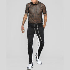 Camiseta de manga corta holgada hueca cuello redondo cuadrícula de moda para hombre