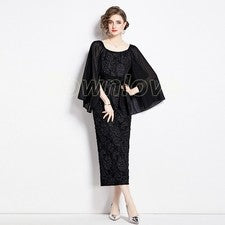 Fashion Womens Mesh Long Sleeved Square Collar Slimming Lace Up Jacquard Dresses