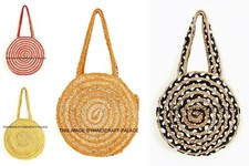 5PC Lote Hecho a Mano Redondo Yute Bolsas Vintage Moda Mujer Diseñador Bolsa