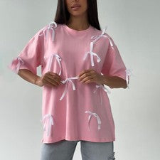 Venta caliente Para mujeres Moda Informal Lazo Suelto Informal Manga Corta Camiseta