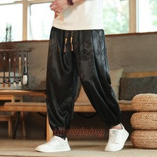 Pantalón Largo Estilo Chino Hombre Dragón Cintura Elástica Satén Seda Informal Delgado