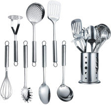 Juego 8 Utensilios Cocina Acero Inoxidable Con Soporte Cucharas Espumadera Batidor