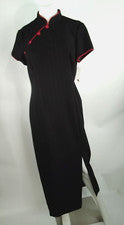 S.L. Moda Mujer Vestido Largo Talla 8 Negro con Tiras Rojas y Botones Cremallera Espalda
