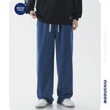 Pantalones de mezclilla informales de pierna ancha sueltos de cintura elástica recta de moda de primavera para hombre