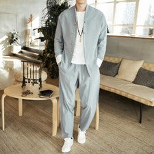 Hombres Estilo Chino Nacional Lino Mezcla Tang Traje Zen Retro Traje Abrigo Pantalón