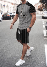Camiseta Hombre Moda Raya Picas De Póquer Manga corta Gris Tee & Short SET