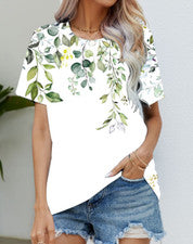 Blusa Camiseta Mujer Tono Claro Hojas Gráfico Moda Manga Corta Sedoso Suave