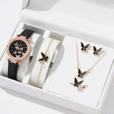 Juego de 6/1 relojes para mujer anillo collar pendientes pulsera conjunto relojes cuero mariposa
