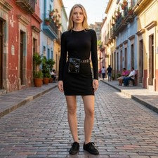 Vestido Lemons Negro Manga Larga MIDI Bodycon Negro Cinturón Caimán Pequeño NUEVO