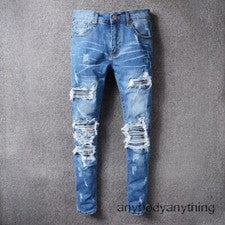 Pantalones de mezclilla para hombre retro rasgados ajustados plisados estilo motocicleta clásico azul elástico