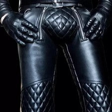 Pantalones de mezclilla estilo motociclista de cuero suave genuino para hombre