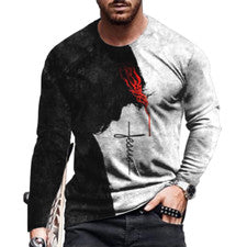 Camiseta Hombre Manga Larga Jesús Cruz Fe Negro Blanco Retro Moda Suave Camiseta