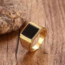 Anillo De Sello Hombre Piedra Negra Acero Inoxidable Dorado Joyería Masculina