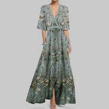 Vestido de mujer de alta gama de moda y elegante con cuello en V estampado falda atada vestido