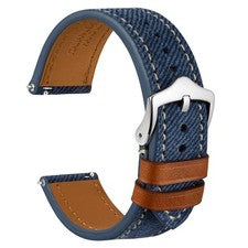 Correa de reloj de 20 mm, cuero italiano, patrón de mezclilla, hebilla plateada (azul denim)