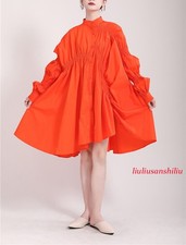 Vestido Camisa Corta Columpio Manga Linterna Irregular Moda Suelto Sólido para Mujer
