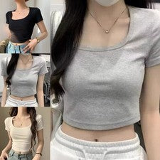 Verano Mujer Sólido Cuello en U Estrecho Manga Corta Camiseta para Ocio Moda
