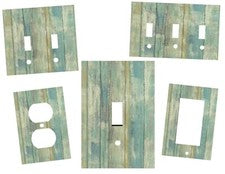 PLACAS Y ENCHUFES INTERRUPTORES DE LUZ DECORACIÓN HOGAR IMAGEN MADERA ENVEJECIDA PLAYA AZUL