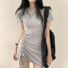 Vestido para mujer temperamento simple cuello redondo con cordones cintura moda manga corta