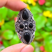 Anillo de joyería de plata de ley 925 hecho a mano con piedras preciosas de ónix negro talla 8,5 S955