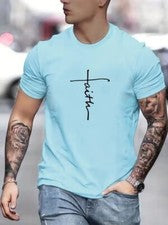 Camiseta Azul Aqua Claro Fe Cruz Moda Manga Corta Color Sólido Hombres Camiseta