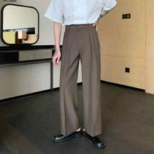 Nuevo Hombre Trajes Pantalones Pierna Ancha Negro Plisado Suelto Verano Moda Elegante Pantalones