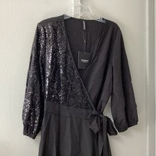 ¡NUEVO CON ETIQUETAS! Vestido para mujer Just Fashion Now talla 2XL envolvente negro lentejuelas negro rodilla